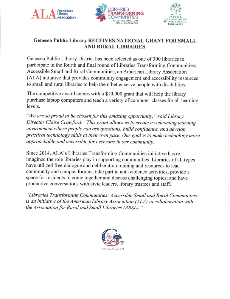 Geneseo Public Library District receives National Grant 